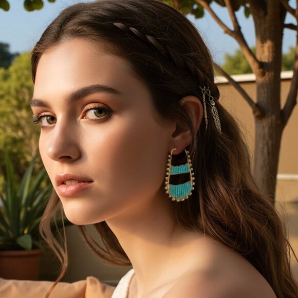 Indian Artisanal Aqua Beaded Statement Drop Earrings Handmade Ethnic Chic - Picture 3 of 14